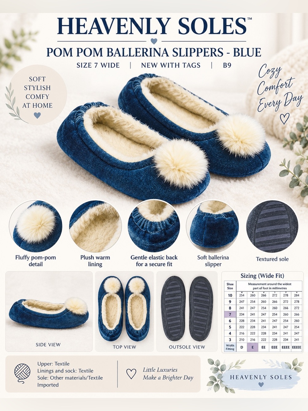 HEAVENLY SOLES POM BALLERINA SLIPPERS -BLUE SIZE 7 (NEW WITH TAGS) B9